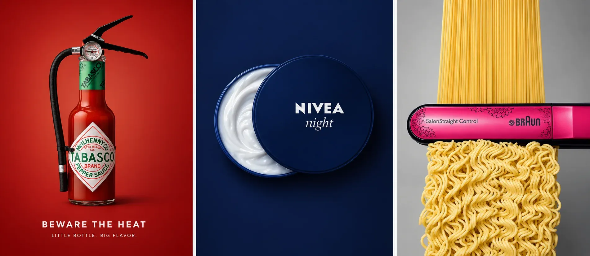 Tres anuncios con metáfora visual: una botella de Tabasco convertida en extintor, una lata de crema Nivea night abierta formando una media luna y una plancha Braun que convierte fideos rizados en espagueti recto