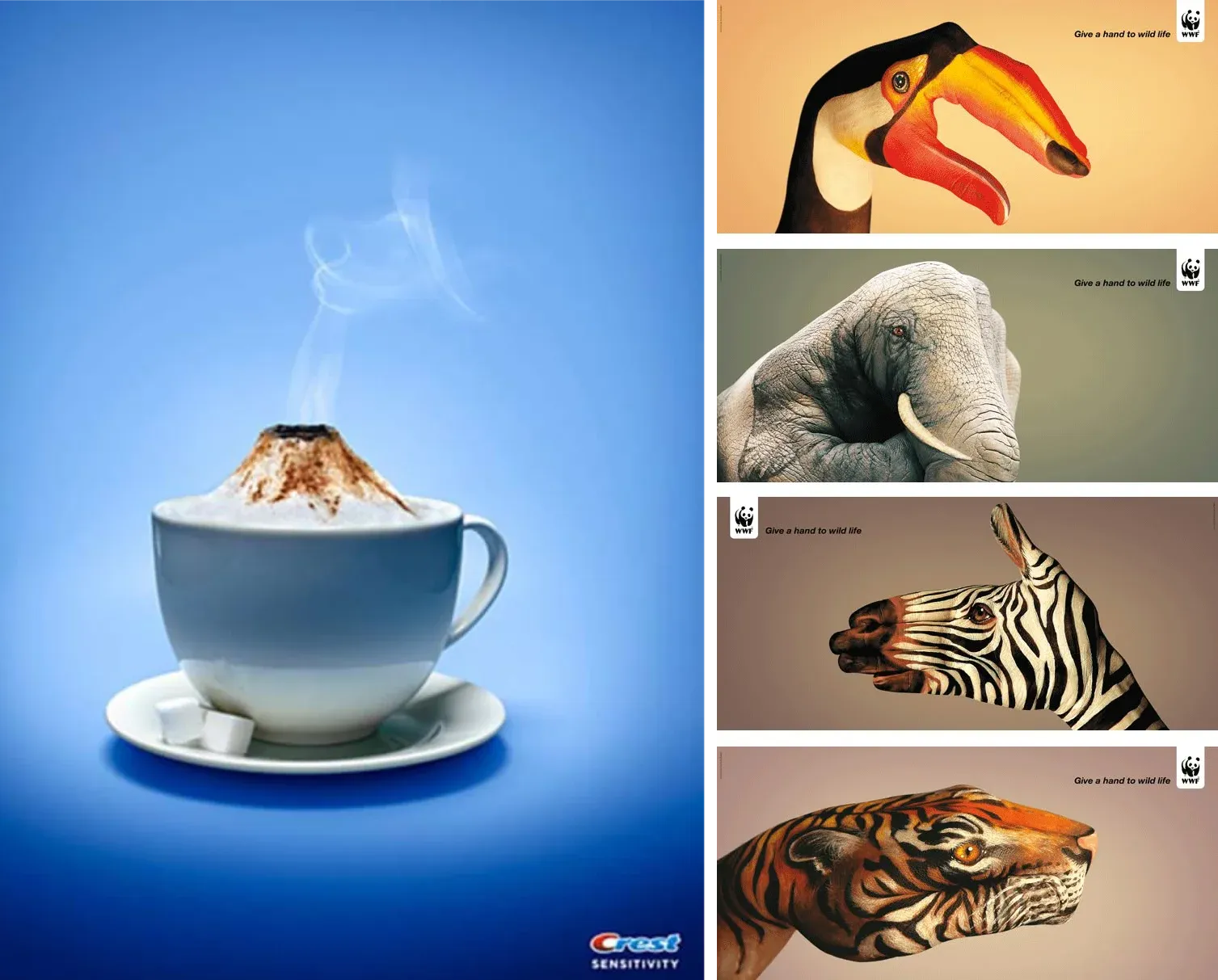 Anuncio de Crest Sensitivity con una taza de café cuya espuma forma un volcán humeante, y cuatro anuncios de WWF con manos pintadas como un tucán, un elefante, una cebra y un tigre con el texto Give a hand to wild life