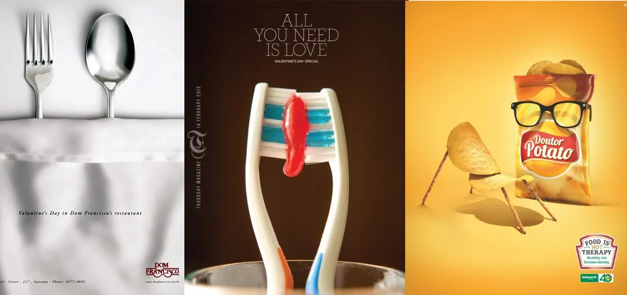 Tres anuncios con personificación: un tenedor y una cuchara acostados en una cama, dos cepillos de dientes abrazados con el texto All you need is love, y una bolsa de papas fritas con lentes y una papa a su lado como paciente de terapia
