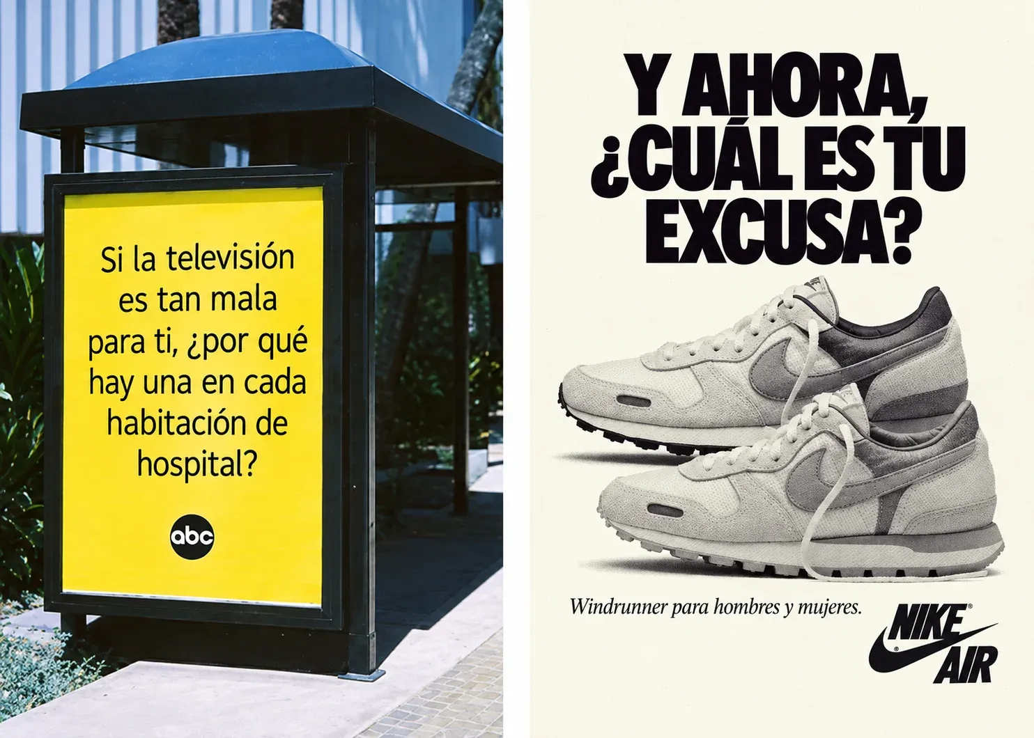 Cartel de ABC en una parada de bus con la pregunta Si la televisión es tan mala para ti, por qué hay una en cada habitación de hospital, y anuncio de Nike Air con el titular Y ahora, cuál es tu excusa