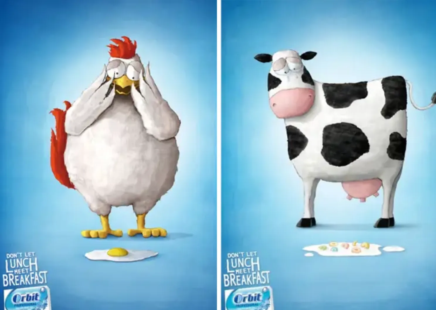 Dos anuncios de chicles Orbit: una gallina tapándose los ojos frente a un huevo frito y una vaca mirando con tristeza un plato de cereal con leche, con el texto Don’t let lunch meet breakfast
