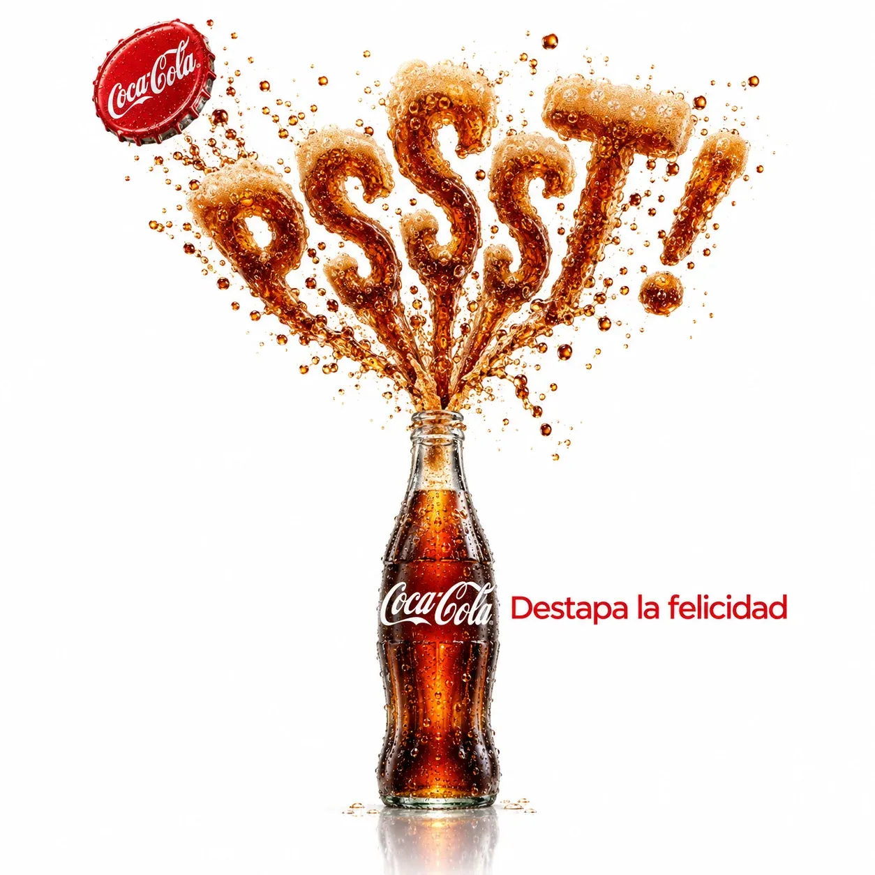 Botella de Coca-Cola de la que sale un chorro de burbujas formando la palabra PSSST con el eslogan Destapa la felicidad