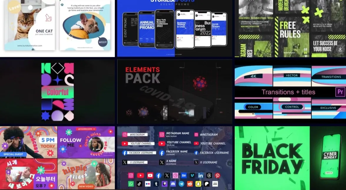 Mosaico de plantillas de motion graphics para redes sociales: historias, promociones, transiciones, tercios inferiores y anuncios de temporada