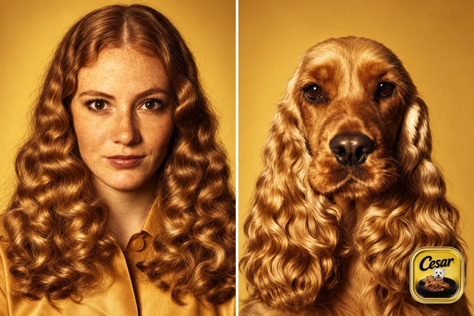 Retrato de una mujer de cabello rizado color miel junto al retrato de un cocker spaniel con orejas del mismo color y textura, anuncio de comida para perros Cesar