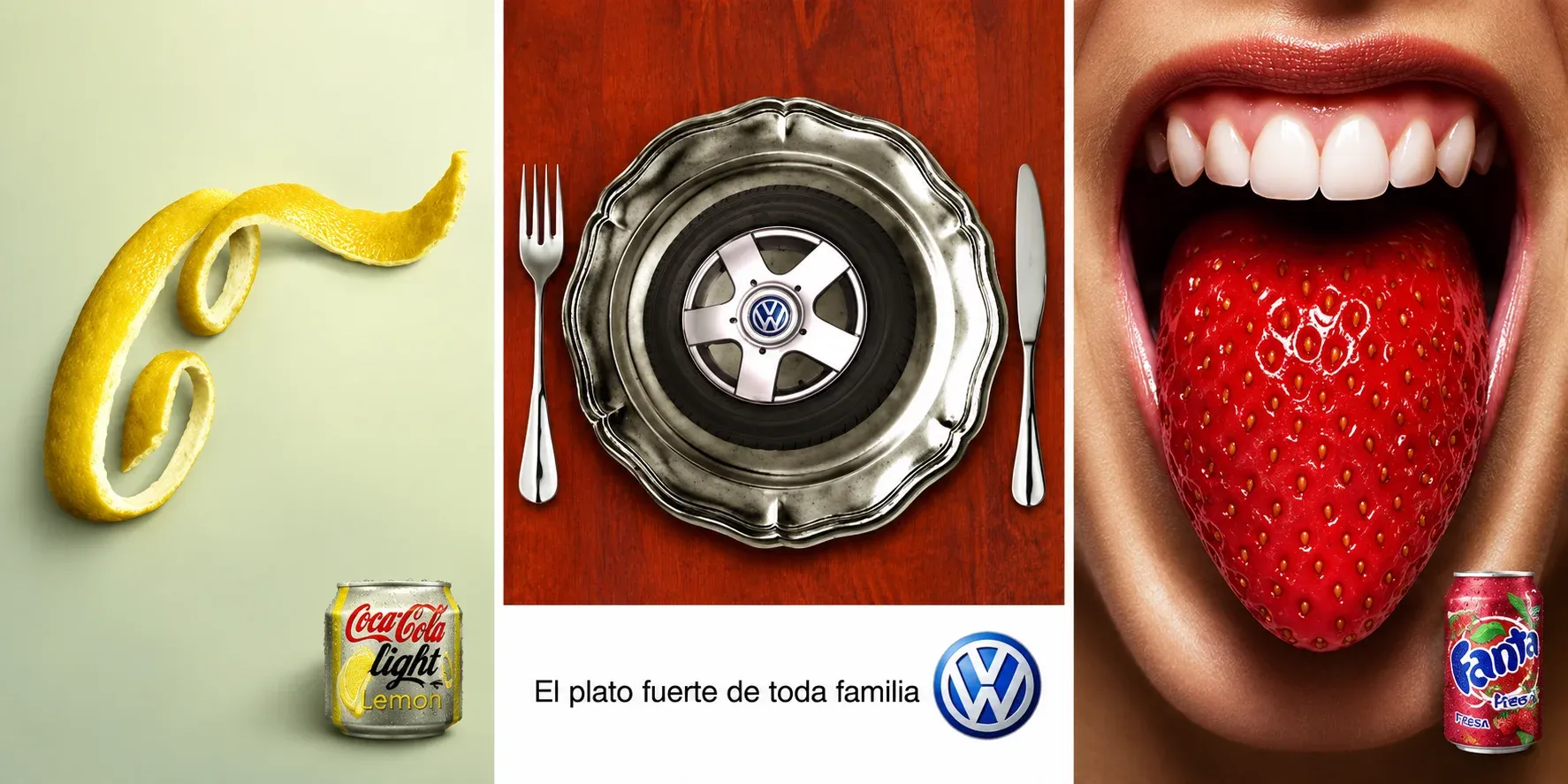 Tres anuncios con sinécdoque: una cáscara de limón que dibuja la silueta de una botella de Coca-Cola Light, una llanta de Volkswagen servida en un plato con cubiertos y el texto El plato fuerte de toda familia, y una boca cuya lengua es una fresa junto a una lata de Fanta fresa